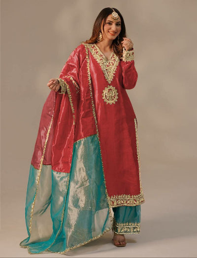 Red & Blue Twill Silk Designer Rich Work Salwar Kameez Set