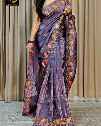 Pure Carechi Fabric Floral Embroidery Work Designer Saree