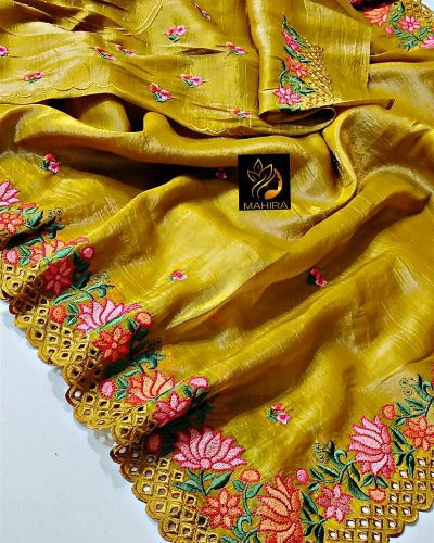 Pure Carechi Fabric Floral Embroidery Work Designer Saree