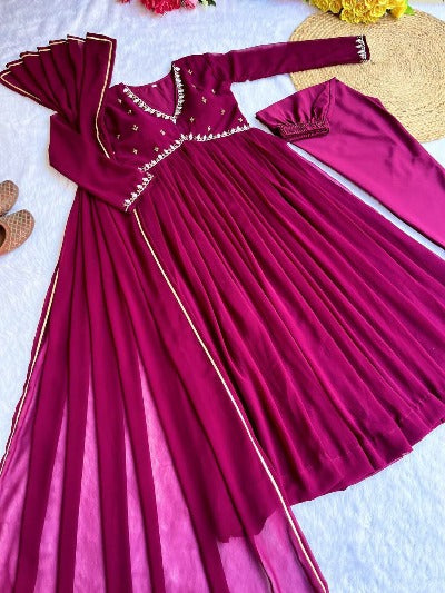 Magenta Georgette Alia Cut  Anarkali Gown Suit Set