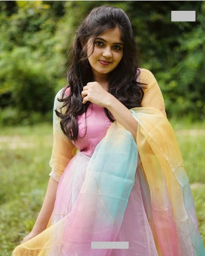 Colourful Pastel Organza Silk Anarkali Gown With Dupatta Set Of 2