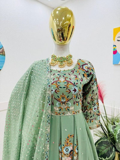 Pastel Green Georgette Sequence Embroidery Anarkali Suit Set