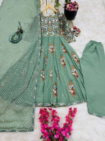 Pastel Green Georgette Sequence Embroidery Anarkali Suit Set