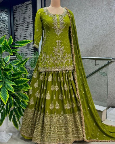 Mehandi Green Chinnon Silk Semi Stitched Lehenga Choli Set