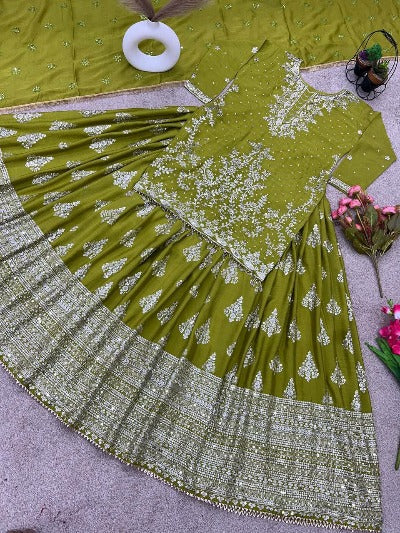 Mehandi Green Chinnon Silk Semi Stitched Lehenga Choli Set