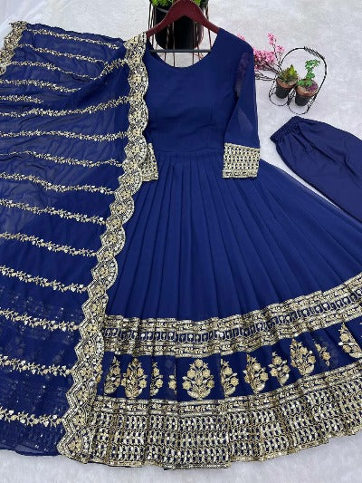 Dark Blue Georgette Flair Designer Anarkali Gown Suit Set