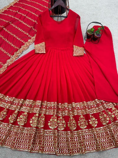 Red Georgette Flair Designer Anarkali Gown Suit Set