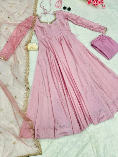Pastel Pink Chinnon Silk Flair Anarkali Suit Set