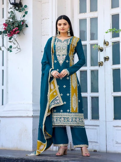 Blue Chinon Silk Heavy Embroidery Palazzo Suit Set
