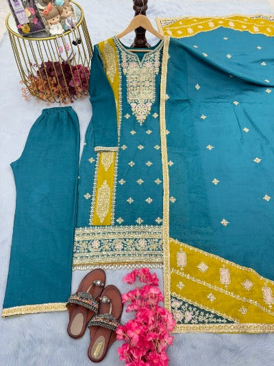 Blue Chinon Silk Heavy Embroidery Palazzo Suit Set