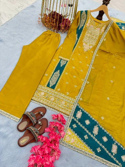 Mustard Yellow Chinon Silk Heavy Embroidery Palazzo Suit Set