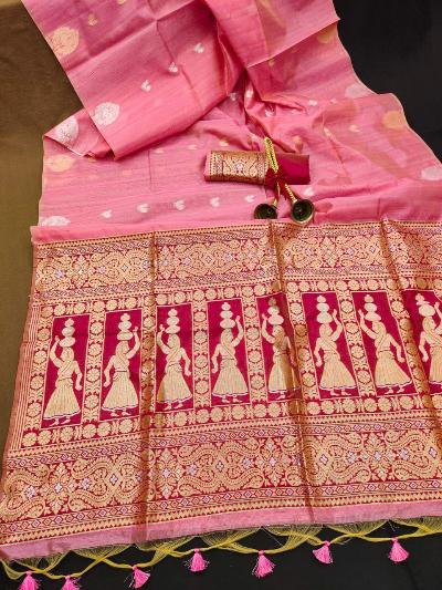 Pink Tussar Silk Peacock Butti Meena Weaves Pallu Saree