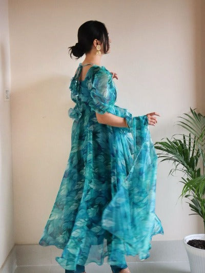 Turquoise Blue Organza Floral Anarkali Suit Set