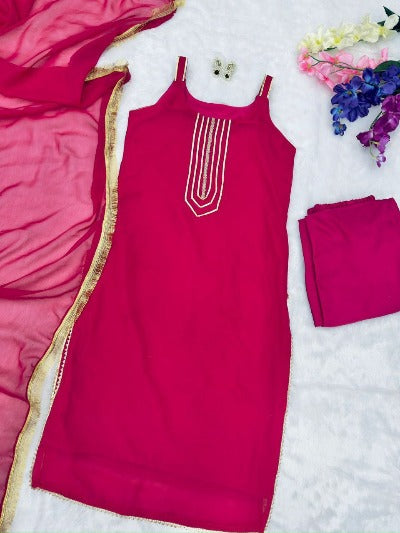 Pink Pure Georgette Silk Lace work Salwar Suit Set
