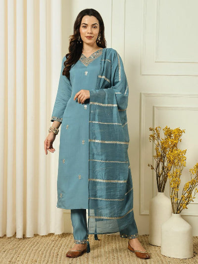 Dark Turquoise Roman Silk Embroidery Salwar Suit Set