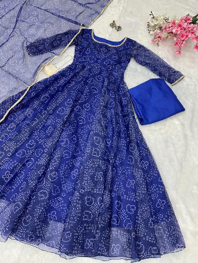 Royal Blue Bandhani Organza Silk Anarkali Suit Set