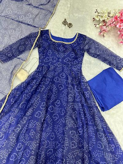 Royal Blue Bandhani Organza Silk Anarkali Suit Set