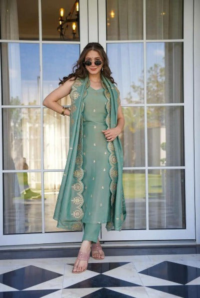 Pastel Green Chinon Silk Full Sleeves Salwar Suit Set