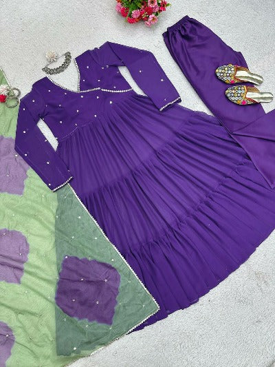 Purple Georgette Ruffle Style Anarkali Suit Set