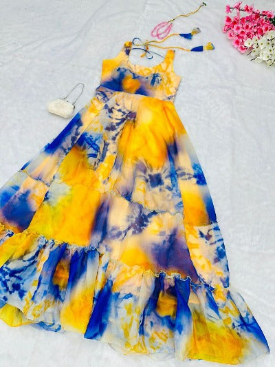 Yellow & Blue Digital Print Organza Silk Anarkali Western Gown 1PC