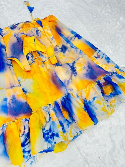 Yellow & Blue Digital Print Organza Silk Anarkali Western Gown 1PC