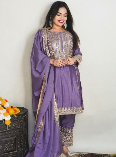 Pastel Purple Chinon Silk Heavy Embroidery Salwar Suit Set
