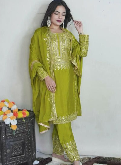 Parrot Green Chinon Silk Heavy Embroidery Salwar Suit Set