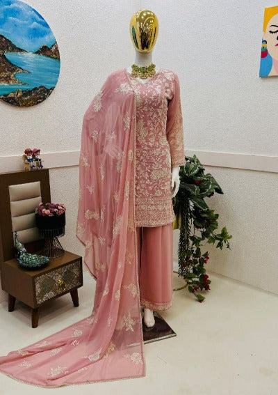 Pastel Pink Georgette Embroidered Palazzo Suit Set