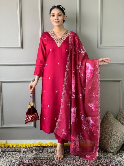 Red Chanderi Salwar Suit With Floral Dupatta