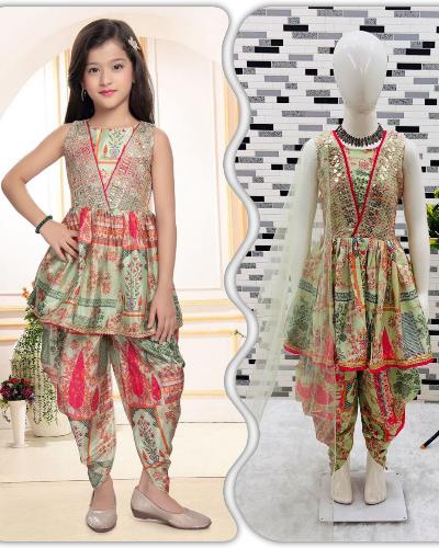 Pastel Green Chinon Silk Printed Kurti Dhoti Dupatta Set