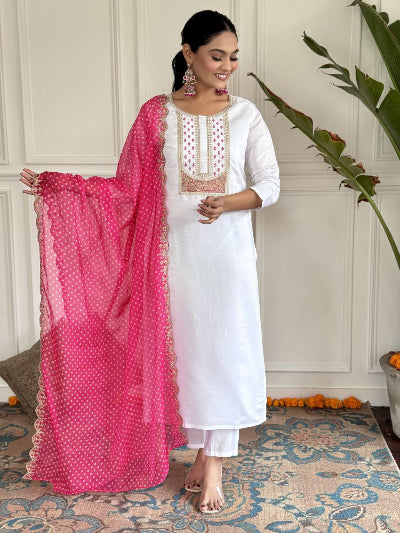 White Embroidered Salwar Suit With Pink Silk Dupatta