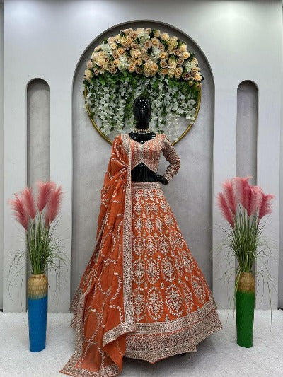 Orange Georgette Wedding Wear Semi Stitched Lehenga Choli Set
