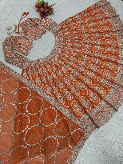 Orange Georgette Wedding Wear Semi Stitched Lehenga Choli Set