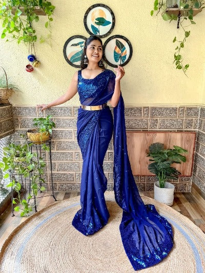 1 Min Navy Blue Embellished Georgette Stitched Readymade Saree
