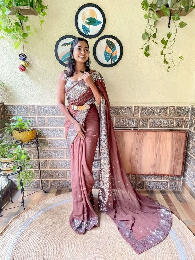 1 Min Brown Embellished Georgette Stitched Readymade Saree