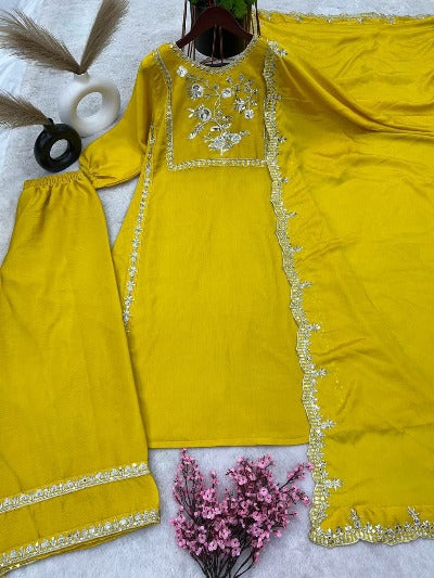 Haldi Yellow Chinon Silk Embroidery Sequence Palazzo Suit Set