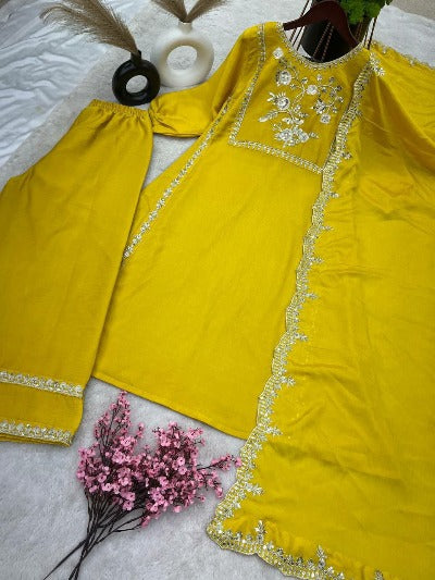Haldi Yellow Chinon Silk Embroidery Sequence Palazzo Suit Set