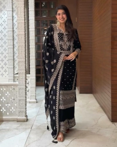 Black Chinon Silk Heavy Embroidery Work Palazzo Suit Set
