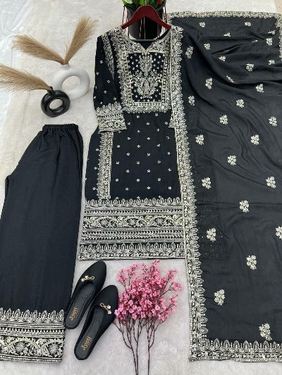 Black Chinon Silk Heavy Embroidery Work Palazzo Suit Set