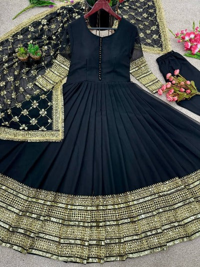 Black Georgette With Heavy Embroidery Sequence Anarkali Set