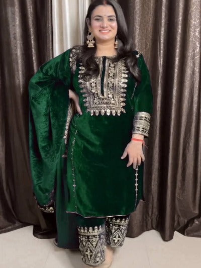 Bottle Green Velvet Full Sleeves Embroidered Salwar Suit Set