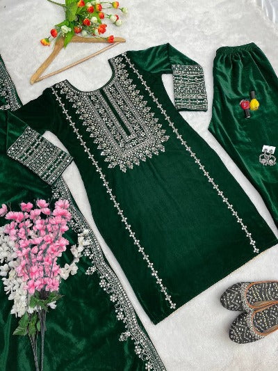 Bottle Green Velvet Full Sleeves Embroidered Salwar Suit Set