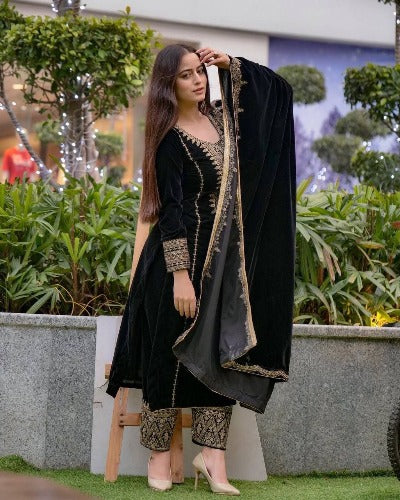 Black Velvet Full Sleeves Embroidered Salwar Suit Set