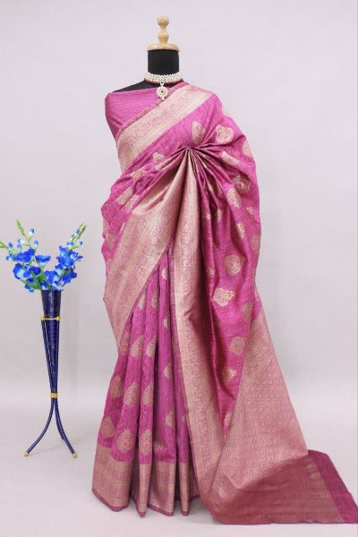 Pink Jaipuri Silk Jacquard Weaved Saree