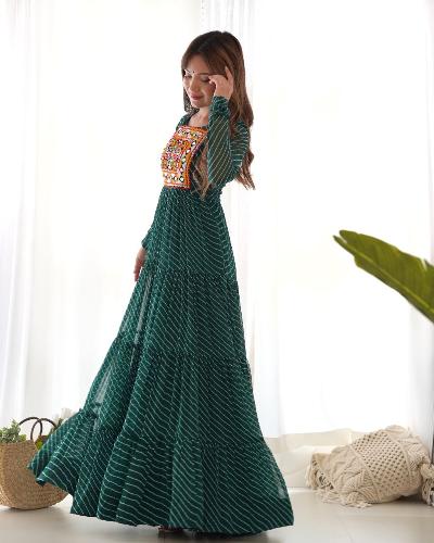 Dark Green Leheriya Print Navratri Anarkali Gown 1pc