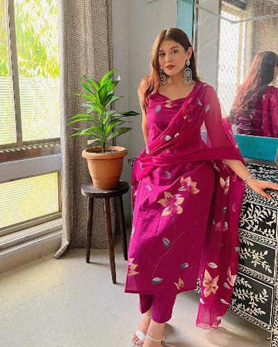 Magenta Floral Handpainted Salwar Suit Set