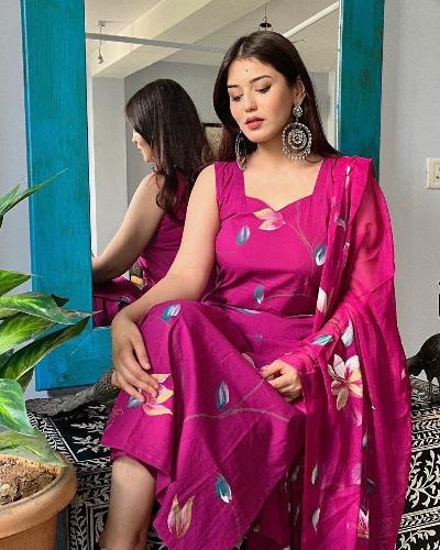 Magenta Floral Handpainted Salwar Suit Set