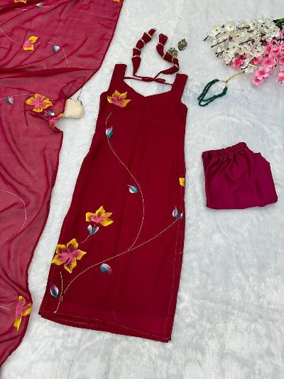 Magenta Floral Handpainted Salwar Suit Set