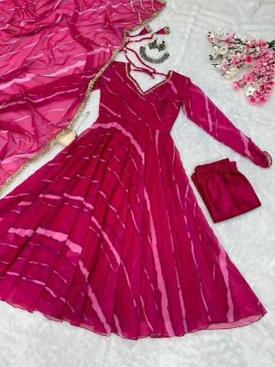 Pink Georgette Leheriya Flowy Anarkali Suit Set