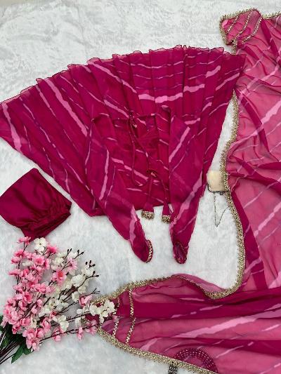 Pink Georgette Leheriya Flowy Anarkali Suit Set